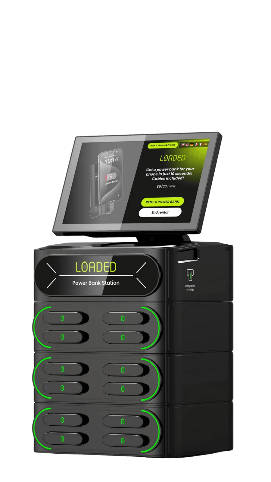 Loaded 12-slot powerbankstation met scherm en groen verlichte powerbanks